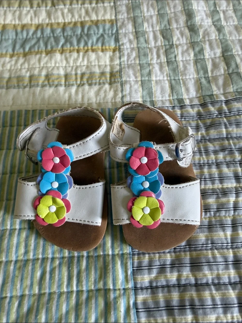 White Kids Floral Strap Sandals with Pink, Blue & Lime Flower Accents